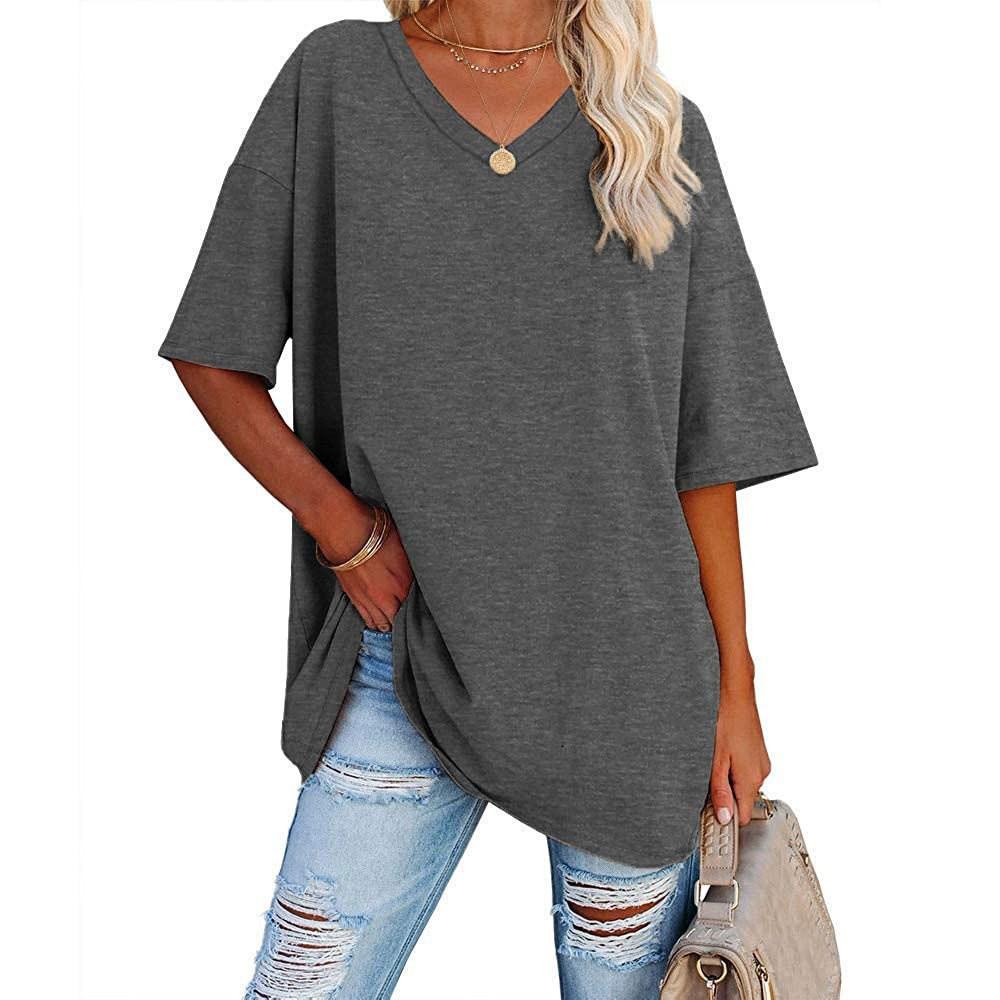 European and American Women's Summer V-Neck Loose Cotton Top – Solid Color, Short-Sleeve