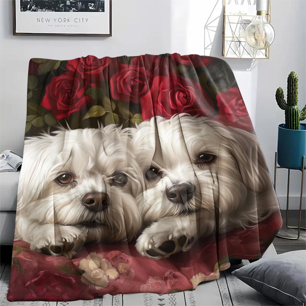 Maltese dog and roses,pattern Flannel Blanket, High quality Comfortable for All Seasons, Home Decor, Warmth and Comfort, Perfect for Gifts.