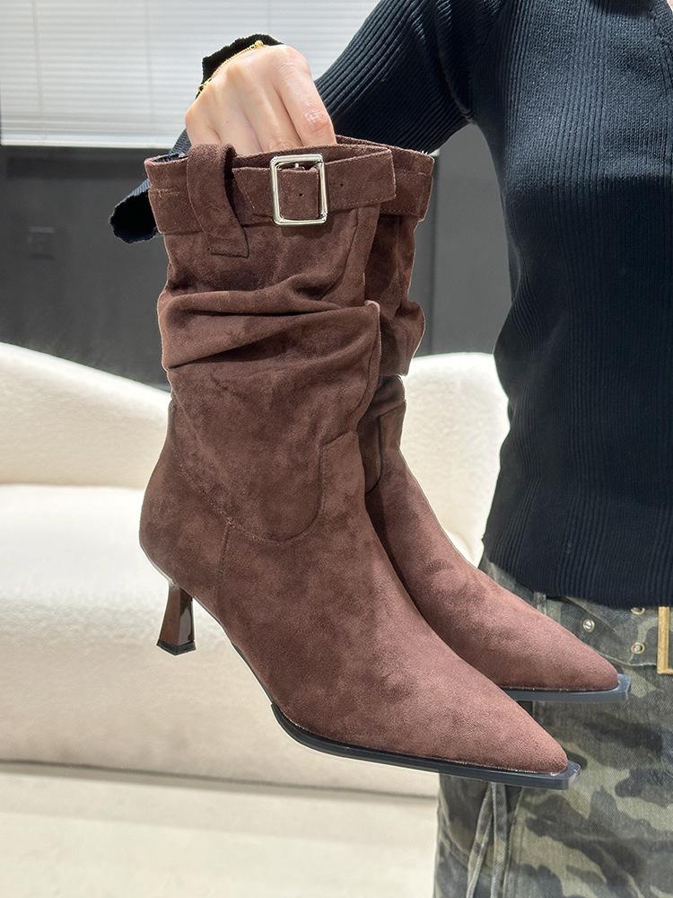 

Pointed belt buckle stiletto booties 2025 autumn and winter suede pile boots high heel leopard print booties 40 коричневий