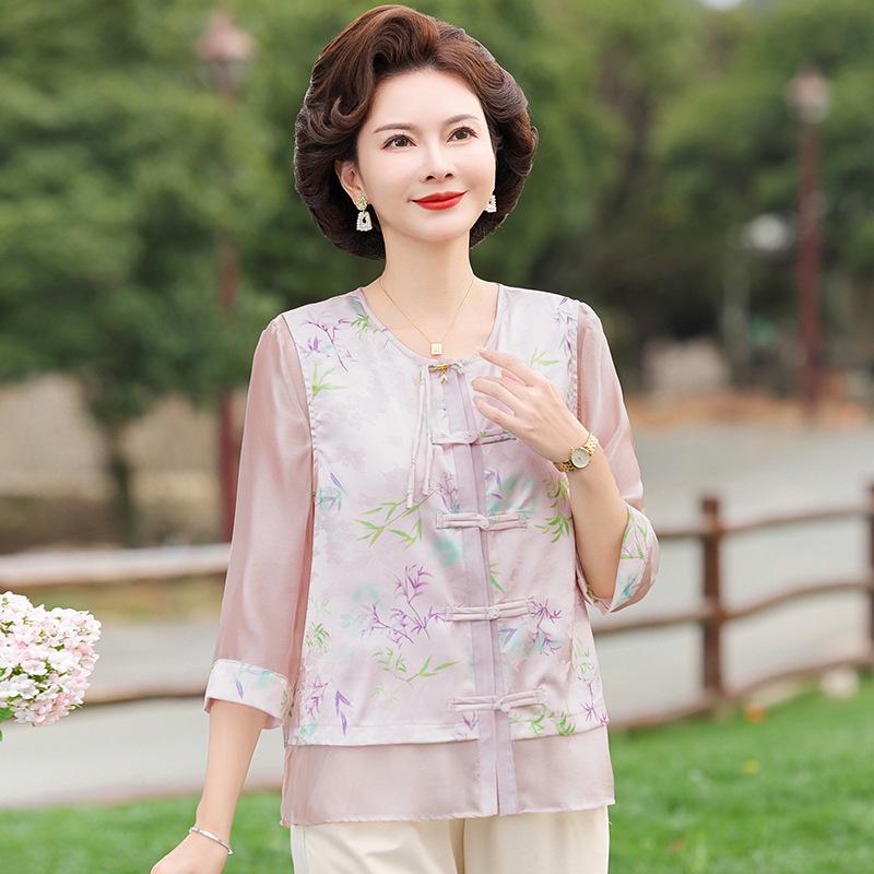 

Elegant Chinese Style Imitation Silk Print Cardigan for Middle-Aged Women with Gauze 3/4 Sleeves 2XL (100-115 jin) рожевий