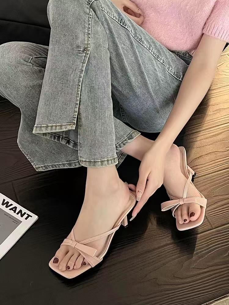 stiletto sandals fairy shoes with skirt bow temperament high heels summer new French niche
