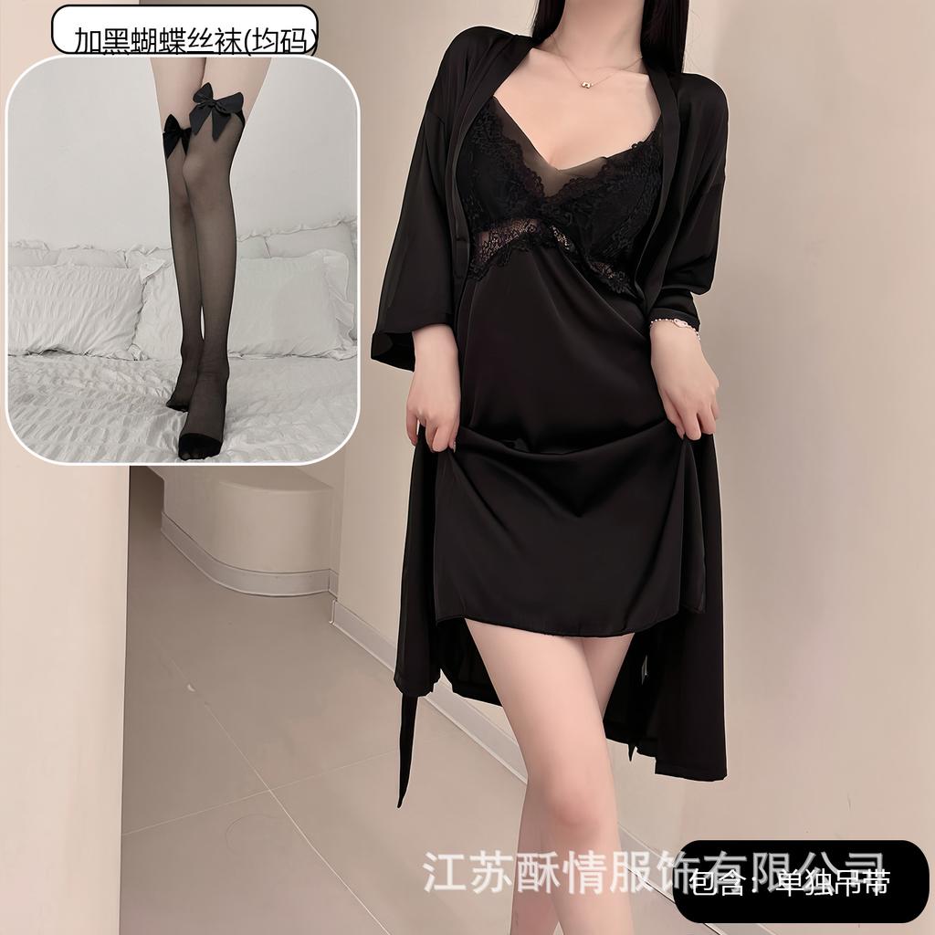 Spring and Summer Sexy Nightdress Lace Temptation V-neck Gathering Ice Silk Suspender Nightdress Backless Chest Pad Suspender Nightdress Set