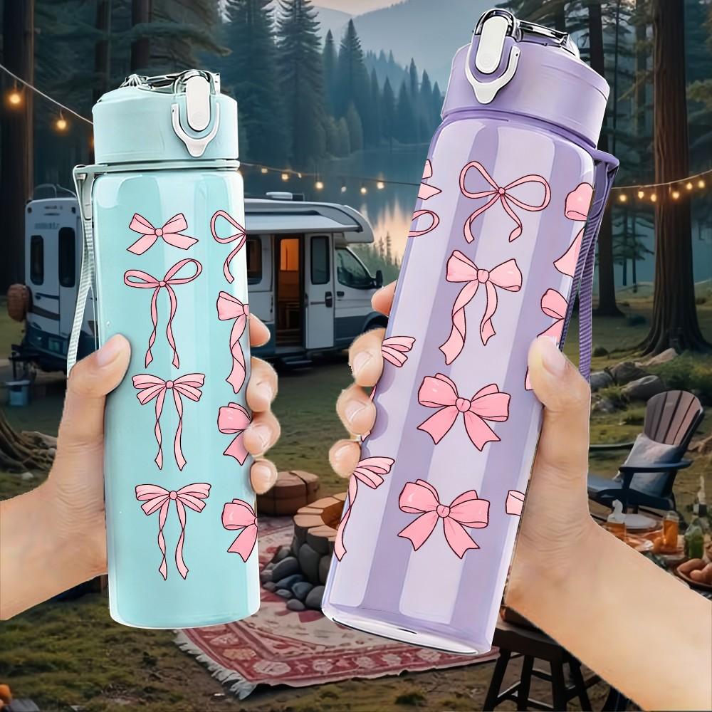 1PC Pink Bow Knot Stacked Decor Pattern Print 750ml Color Plastic Sports Water Bottle Leakproof Flip Straw Lid Suitable for Sports Office Home Use