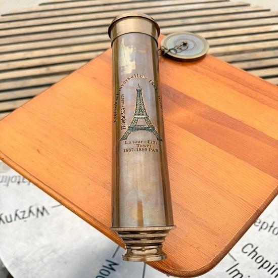 Brass Spyglass Telescope with Eiffel Tower Engraving Extendable Nautical Scope with Leather Case Handmade by
