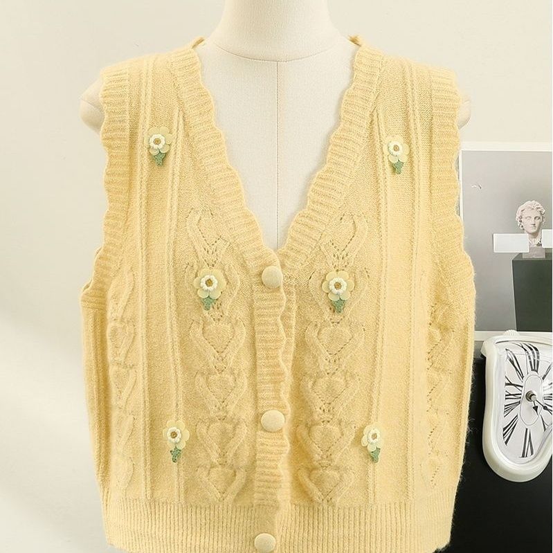 Women's Floral Embroidered Knitted Vest Cardigan for Outer Wear Autumn and Winter Style Loose Age-Reducing Lace Sleeveless Vest Top