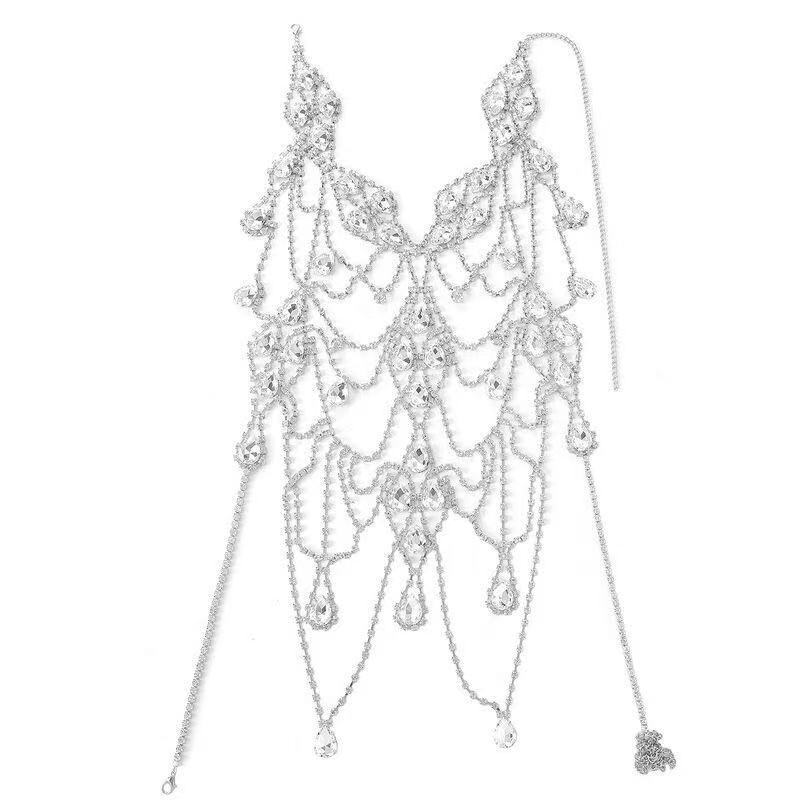 European and American jewelry, fashionable multi-layer rhinestone chest chain, sparkling crystal pendant bra necklace, brooch, sexy jewelry