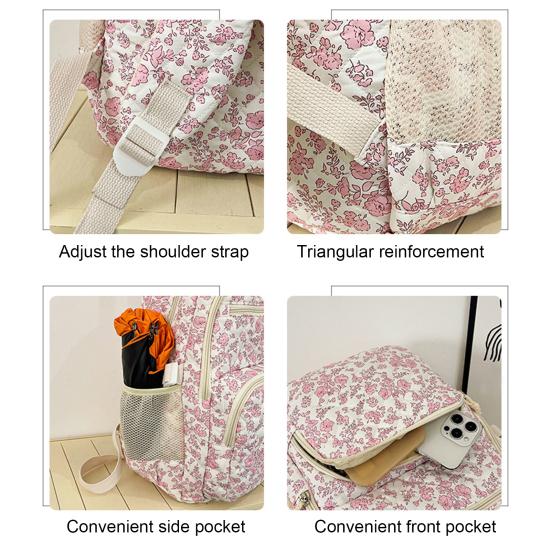 3 Pcs/Set Floral Backpack Women Flower Rucksack Shoulder Bag Makeup Pouch Quilted Daypack for Girls School Work Travel