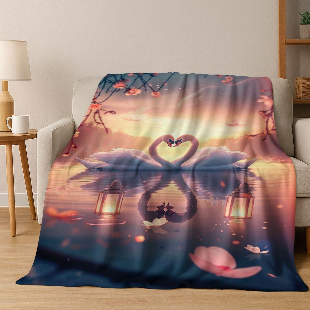 Dream Love Swan Art Cartoon Flannel Blanket,Cozy Soft Throw Blanket for Home Bedroom Bed Sofa Picnic Office Cover Gift Kids