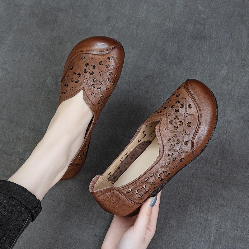 The first layer of cowhide new hollow women's single shoes retro flat heel soft sole non-slip one pedal breathable hole women cool