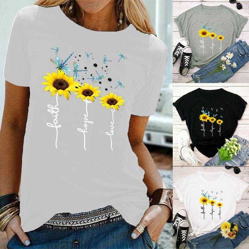 Stylish Women Floral Daisy Printed Basic T-shirt Versatile Short Sleeve Blouse For Casual Wear