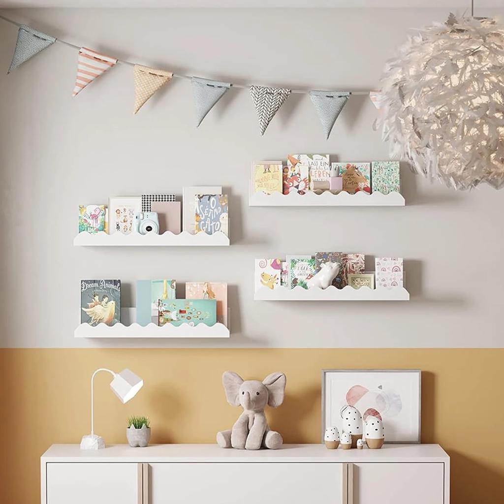 Boho Wandregal, Holz Schweberegal für Kinderzimmer, Wanddeko Kinderzimmer, Regal mit Muschelrand zur Aufbewahrung