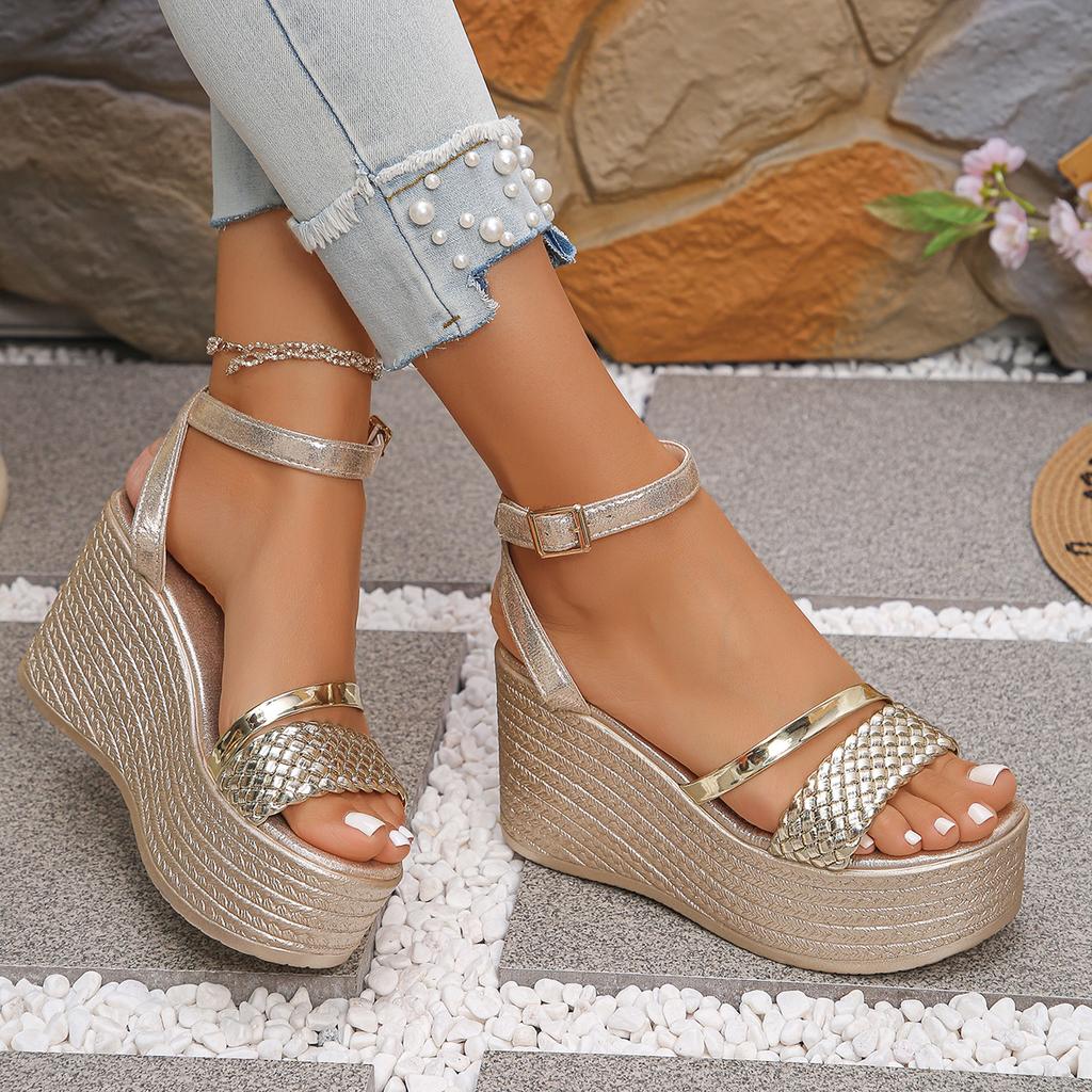 Fashion Pu Leather Weave Wedge Sandals for Women Fashion Gold Chunky Platform Sandals with Ankle Strap Summer Thick Bottom Beach Shoes