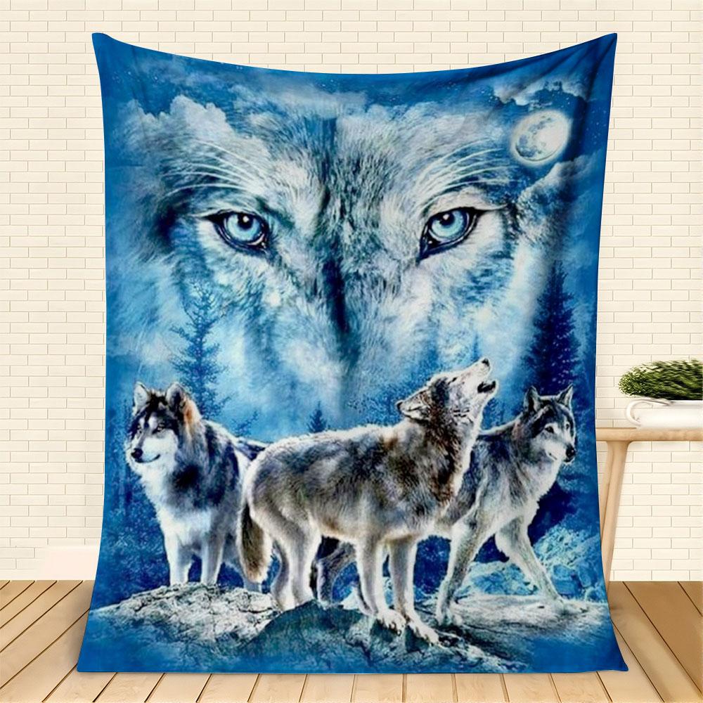 Wolf Pack Blanket with Moon and Forest Design Blue Eyes Wolf Art Soft Fleece Throw Perfect for Nature Lover Home Decor