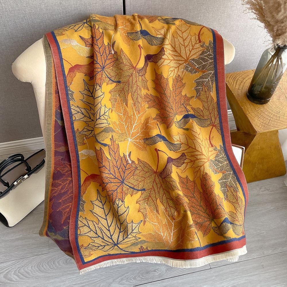 Winter Literary Imitation Cashmere Scarf Women'S Elegant Maple Leaf Printing Scarf Thickened Warm And Windproof Versatile Shawl