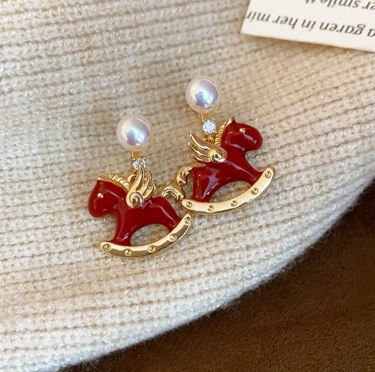 Rocking Horse Natural Freshwater Pearl Earrings Red Silver Needle Dripping Oil Temperament Retro Versatile Earrings