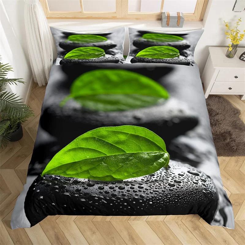 Zen Stones Duvet Cover Bamboo Phalaenopsis Bedding Set Meditation Quilt Cover Microfiber Tranquil Nature Artwork Bedspread Cover