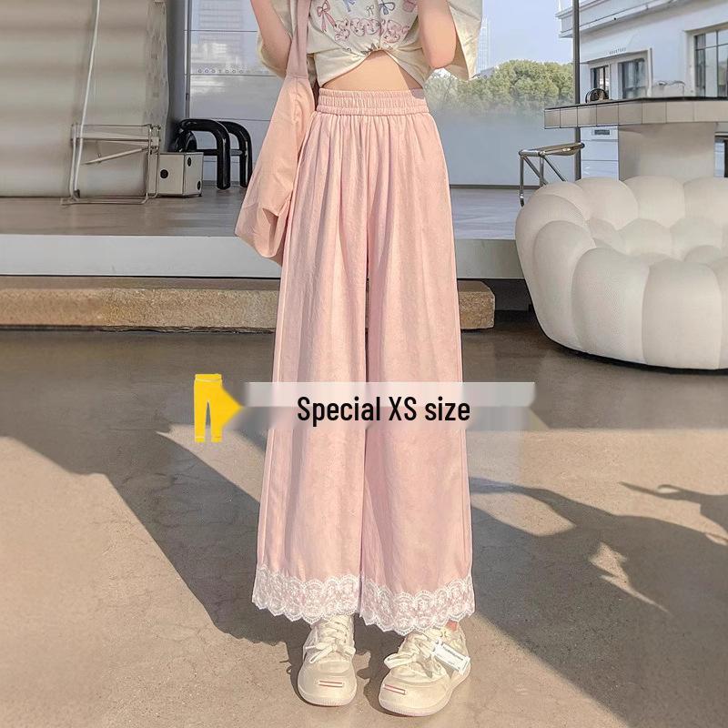 

Petite Women s Ice Silk Pink Wide-Leg Pants with Lace Trim - Summer 2025 Collection XL (116-125 lbs)