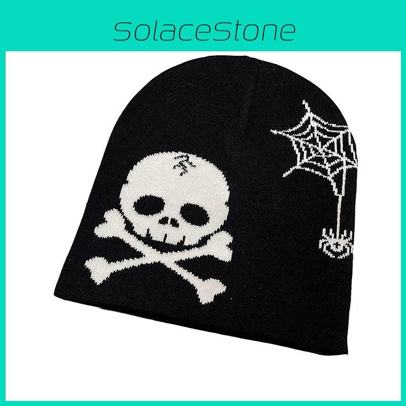 Knitted Hat Fashion With Skull And Spider Web Embroidered Design Halloween For
