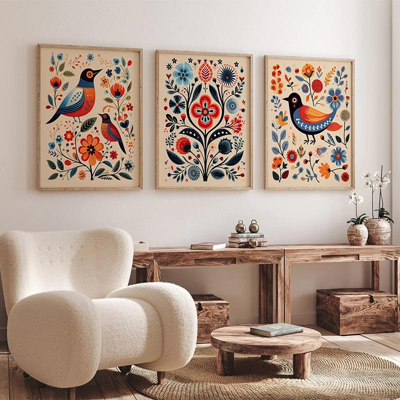 Norweska Sztuka Ludowa Kwiatowy Ptak Plakat Nordic Print Abstrakcyjny Obraz na Płótnie Skandynawska Sztuka Ścienna Obraz Salon Dekoracja Domu