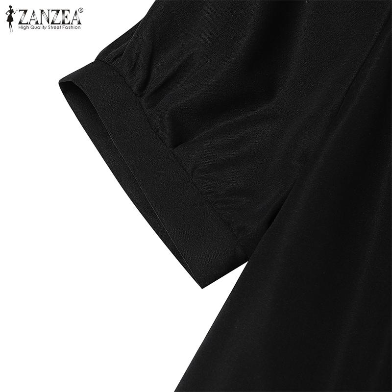 ZANZEA Women Casual Navy Collar Loose Short Sleeve Pleated Dress