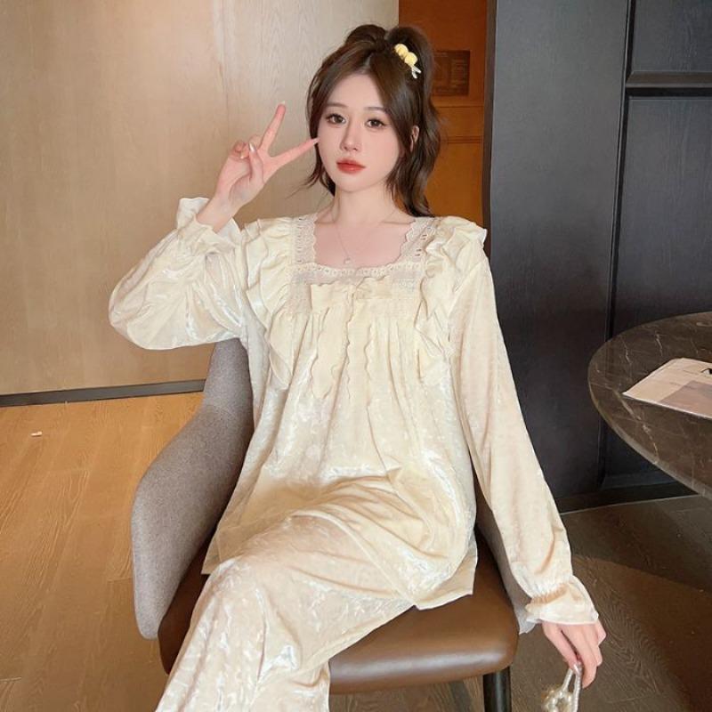 Spring and Autumn Pajamas Women's Gold Velvet Long Sleeve Pajamas Set Palace Diamond Velvet French Sweet Ladies Home Clothes