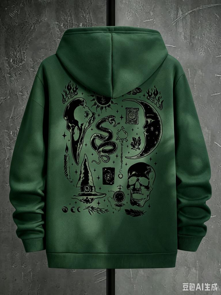 Fall/Winter Mystical Skull Moon Tooth Snake Print Hooded Sweatshirt - Retro Gothic Street Casual Pullover Shirt