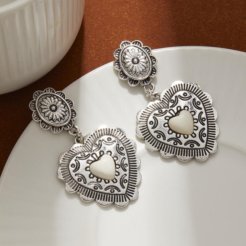 Ancient Silver Love Turquoise Earrings, High-End Retro Ethnic Style Earrings, Women S Bohemian Style Earrings.