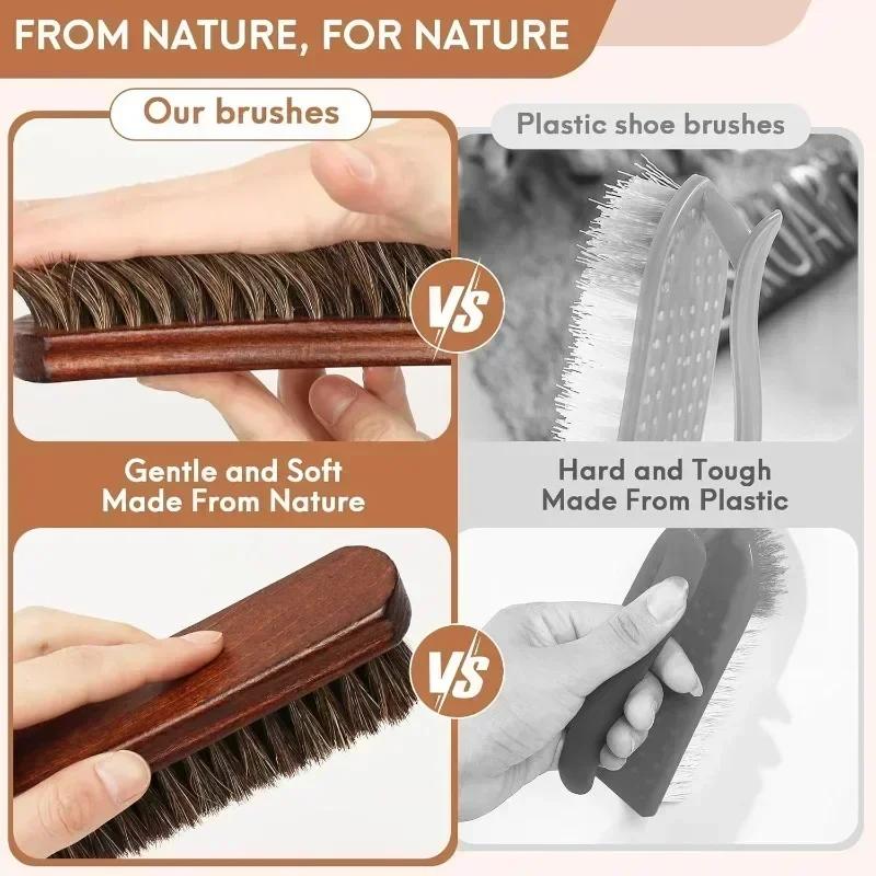 3Pcs Horsehair Shine Shoes Brush Kit Cleaning Leather Shoes Boots Care Brushes Suede Cleaner Brush with Microfiber Shoe Cloth