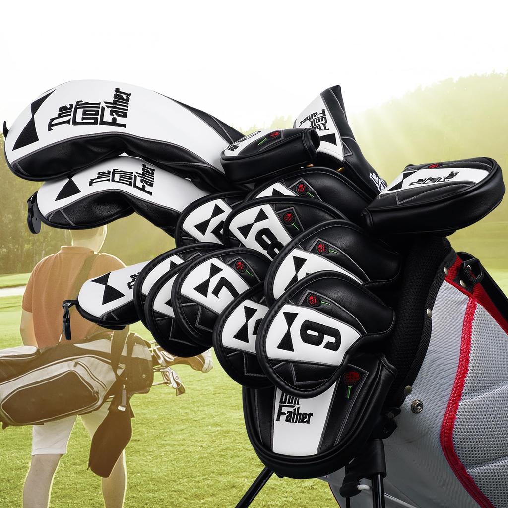 Golf Iron Covers, Magnetic Wedge Covers, Club Headcovers, Set of 9 (4-9, P, A, X), Black & White Synthetic Leather, The Golf Father