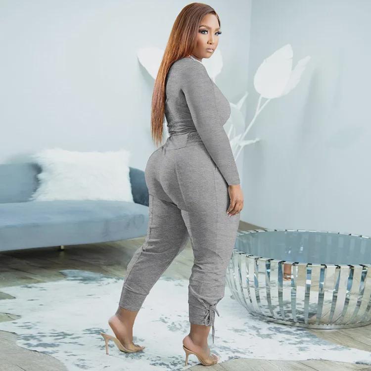 European & American Plus Size V-Neck Solid Color Casual Two-Piece Legging Suit for Women