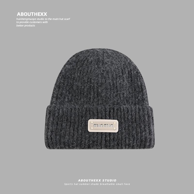 Hat Women's Autumn and Winter Woolen Hat Showing Face Small Warm Ear Protection Cold Hat Rubber Label Letter Knitted Hat Student Pullover Hat for Men