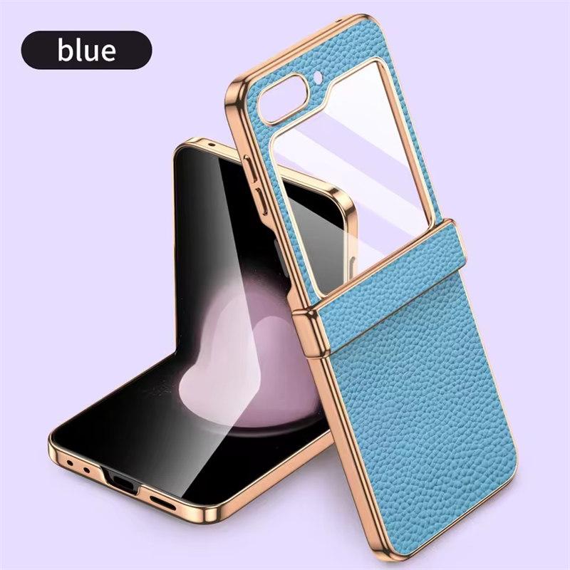 Telefonveske av okseskinn til Samsung Galaxy Z Flip6 Flip5 Flip 6 5 ZFlip5 Luksus hengselbeskyttelsesdeksel med herdet glass