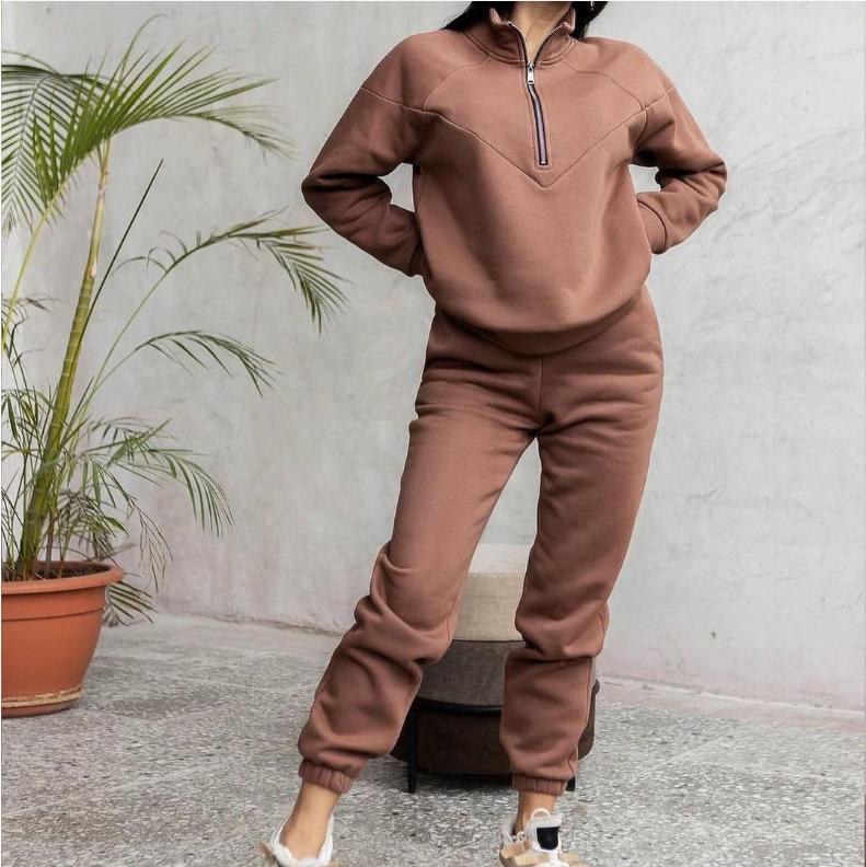 Spring And Autumn Fashion Casual Hooded Sweater Two-piece Long-sleeved Solid Color Fleece Casual Suit