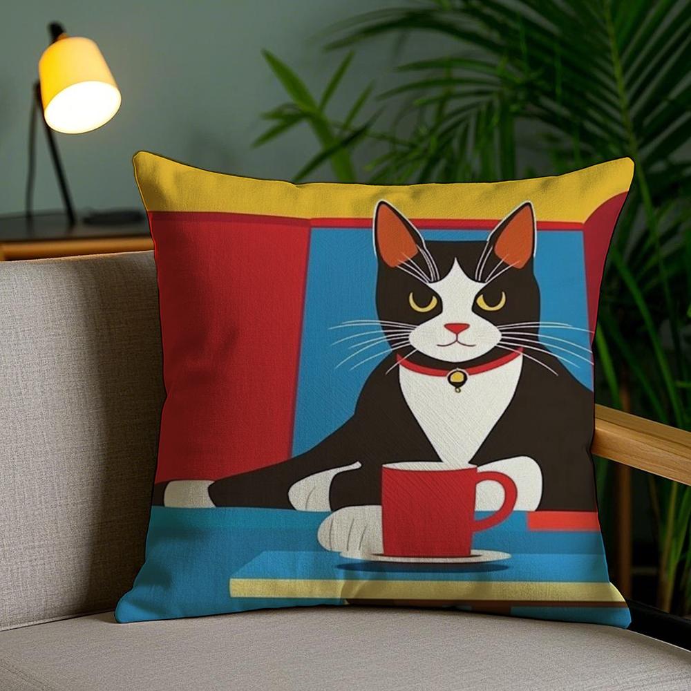 Bop Style Coffee Cats Cushion Cover Plush Fabric Soft Double-Sided Printed Invisible Zipper Sofa Pillow Case Home Decor