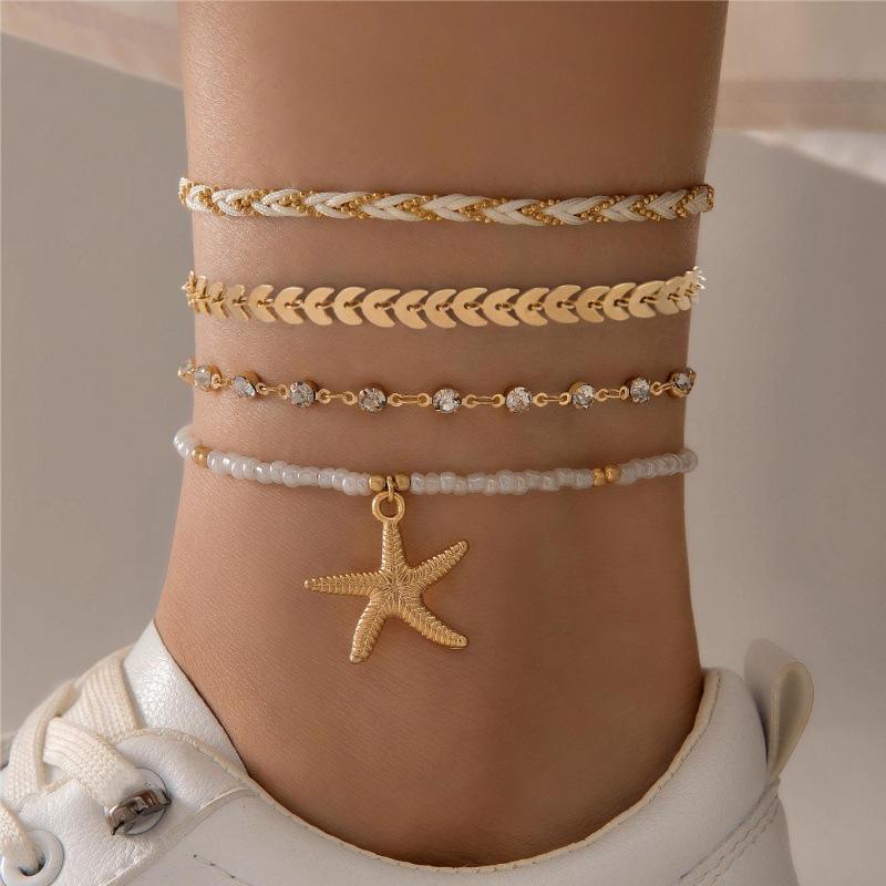 Accessories, handmade DIY rice bead shell multi-layer anklet, chain scallop anklet 5-piece set for women