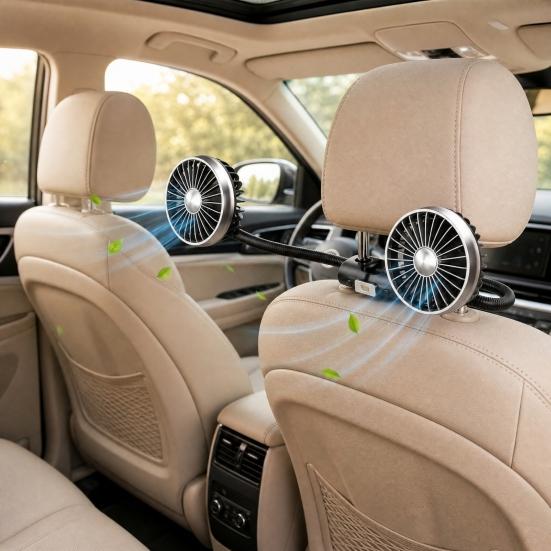 Dual Head Car Fan, Built-in Lighting, 360-degree Adjustable 3 Speed USB Seat Cooling Fan, Low Noise Truck SUV RV Accessory