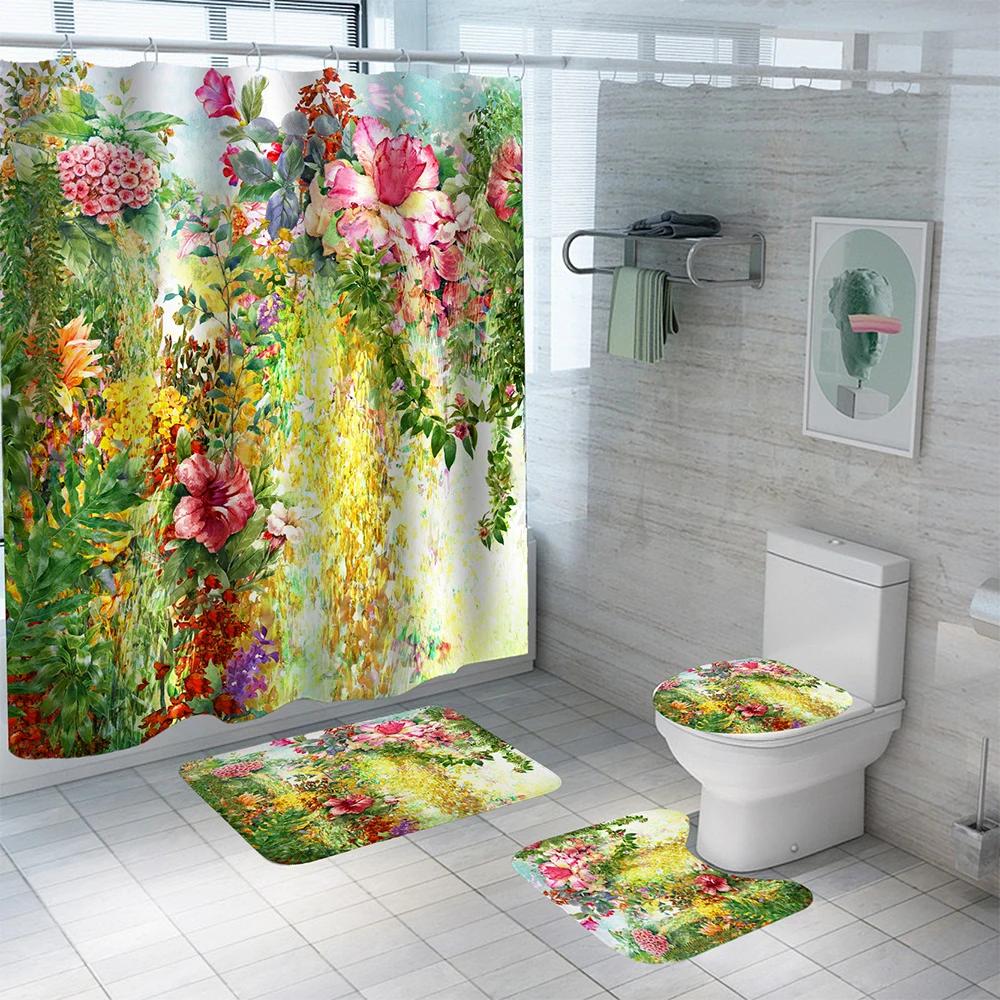 Oil Painting Flowers Waterproof Polyester Shower Curtain Set Anti-Slip Soft Bath Carpet Mat Lid Toilet Cover Bathroom Set Decor