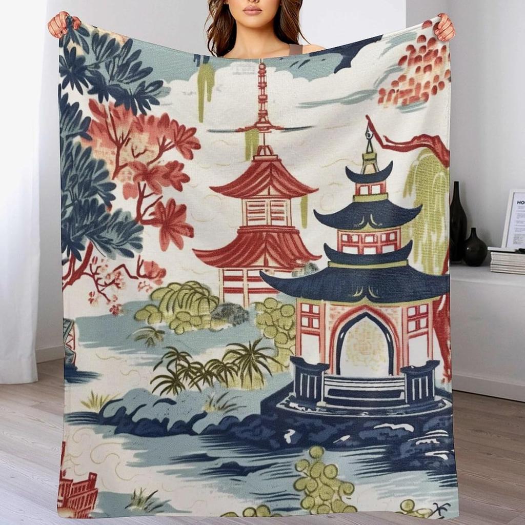 GUOYU Decke Überwurfdecke Chinoiserie Anthrazit Koralle Pagode Flanell Fleece Überwurfdecke Japanischer Asiatischer Stil Decke Pagode und Blume