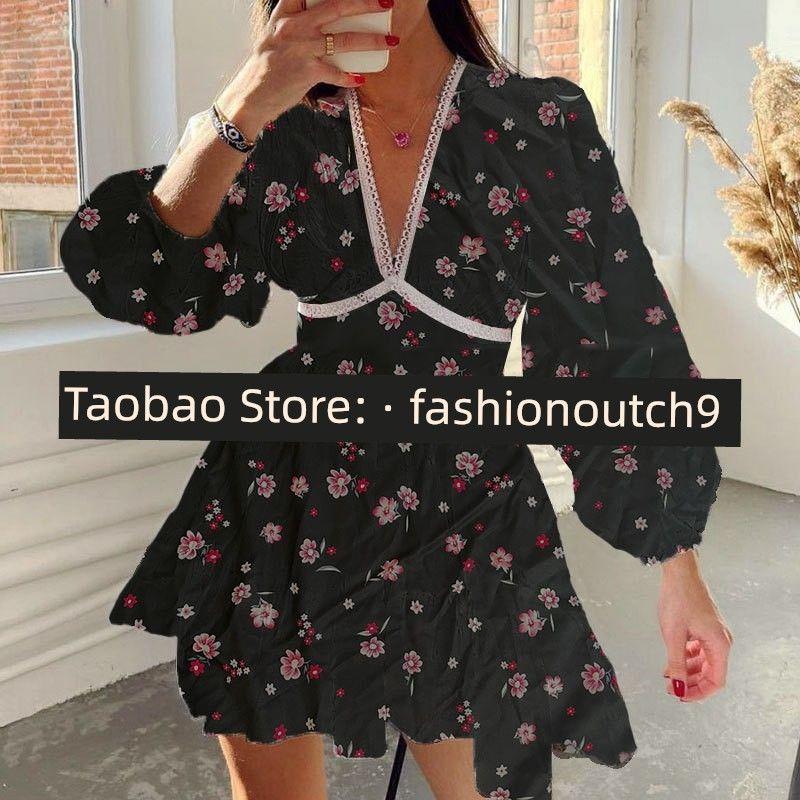

2025 Printed V-neck Pleated Short Long Sleeved Dress Big black flower L