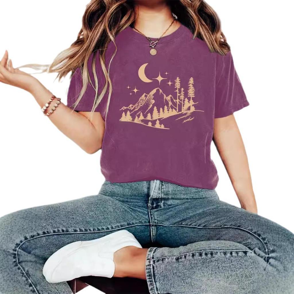 Europeisk og amerikansk sommer dame T-skjorte med måne- og skogtrykk, rund hals, korte ermer, avslappet