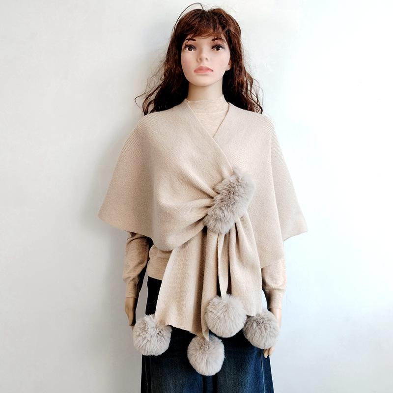 European and American Fur Collar Knitted Pom-Pom Cardigan Shawl