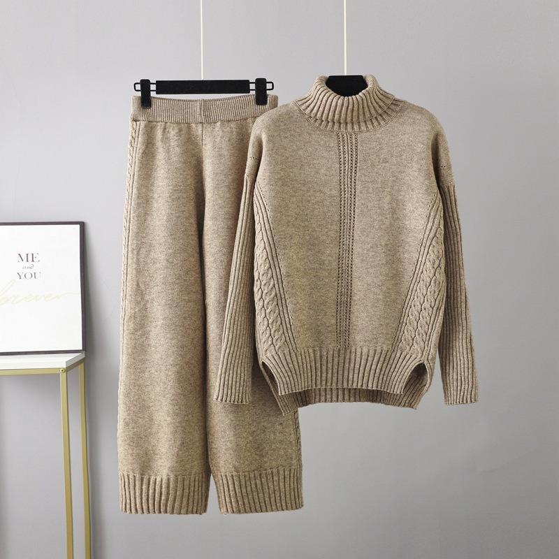 High-necked pullover thickened knitted sweater casual fashion suit women's autumn and winter loose lazy style wide-leg pants two-piece set