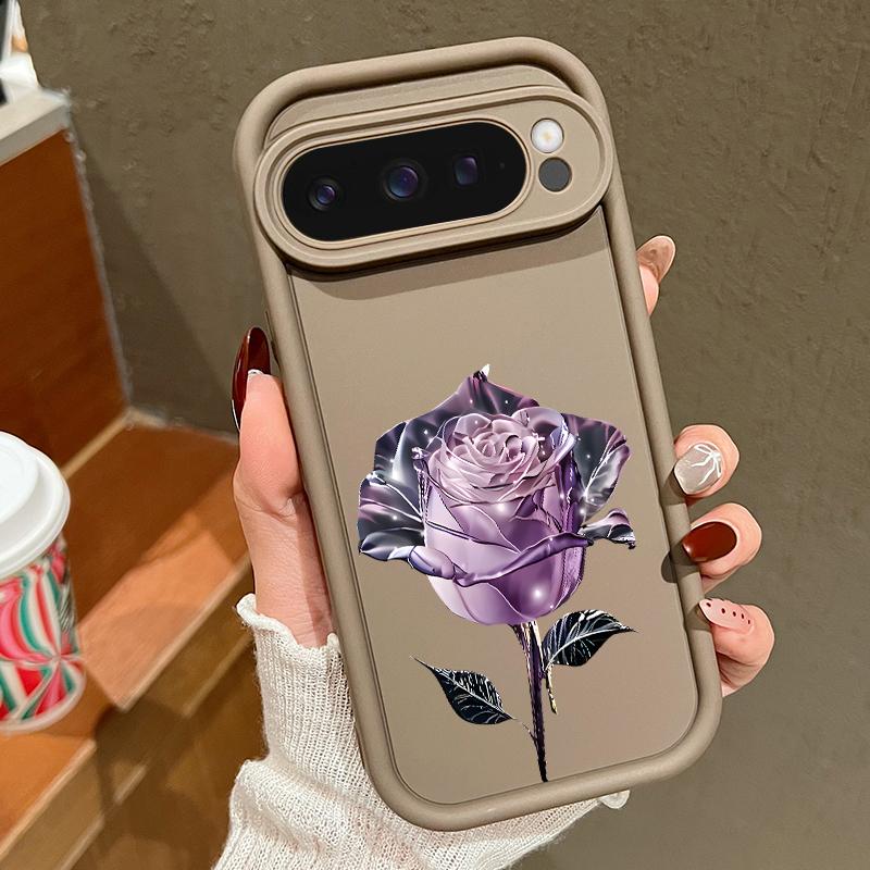 Crystal Rose Flower Pattern Soft TPU Matte Case For Google Pixel 9 Pro XL 8 Pro 8A Solid Color Shockproof Lens Protection Phone Cover