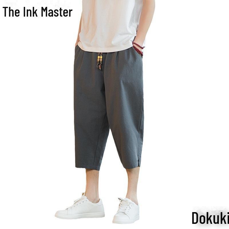 Lässige Herren-Haremshose aus Leinen im chinesischen Stil - Sommerliche leichte Weitbein-Cropped-Hose