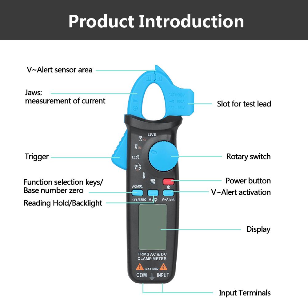 1pc Digital Clamp Multimeter AC DC Voltage Current Resistance Temperature Tester 6000Count