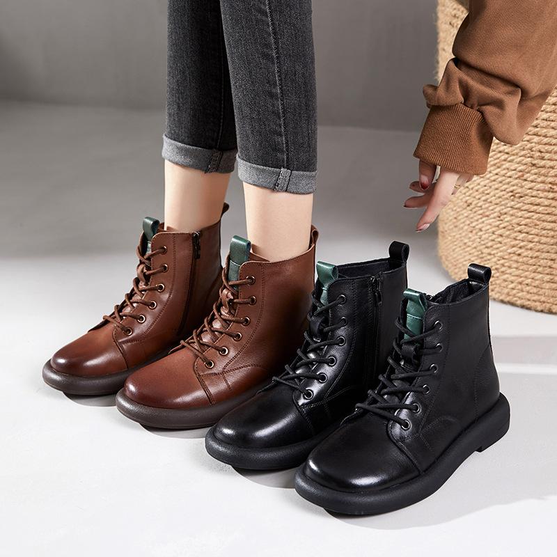 The First Layer of Cowhide Short Boots for Women In the Autumn and Winter of 2025, the New Retro Polished Leather Flat-bottomed Lace-up Martin Boots