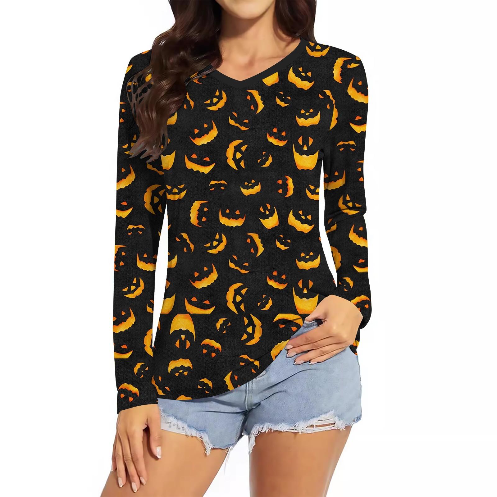 

Женская модная повседневная футболка с v-образным вырезом и длинным рукавом с принтом на Хэллоуин, топ XL
