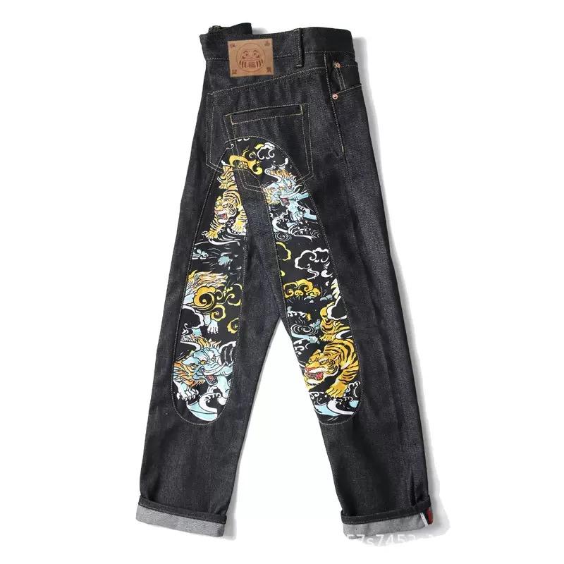 New Japanese Hipster Retro Hip-hop Fashion Print Jeans High Street Leisure Slim Straight Embroidery Y2k Print Stitching Trousers