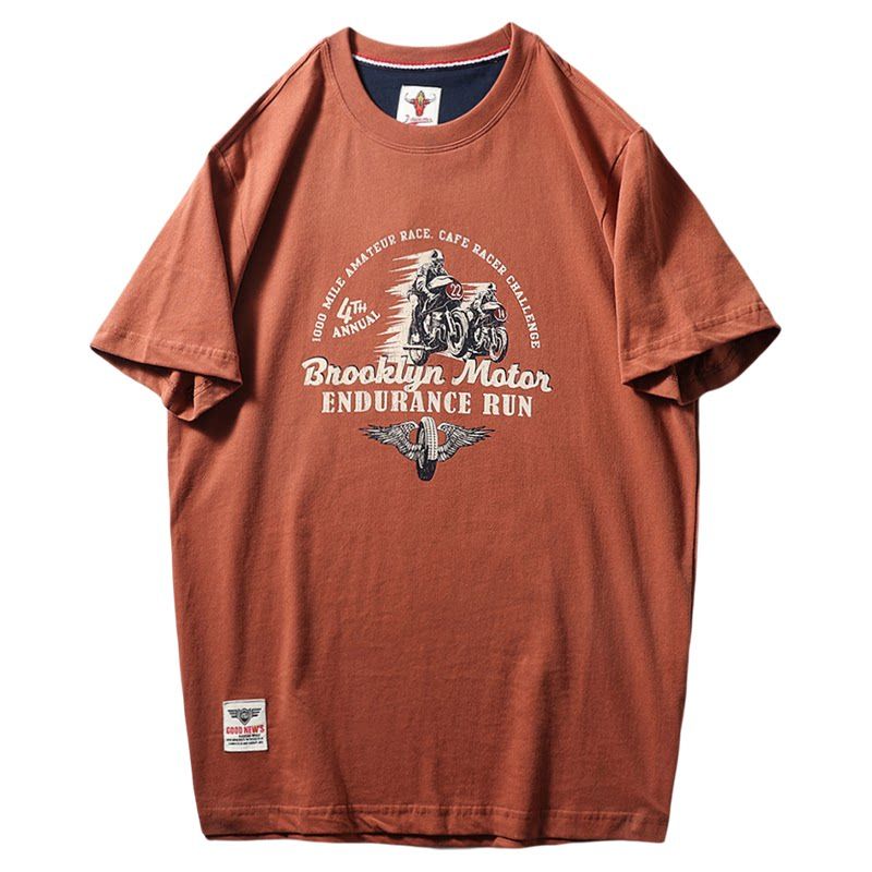 American Retro Niche Pure Cotton Trendy Brand Motorcycle Print Short-Sleeve T-Shirt for Men, Summer Export Men's Clothing, All-Cotton T-Shirt