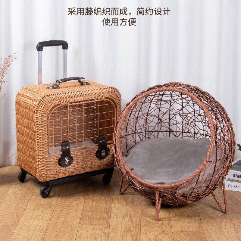 Portable Cat Suitcase with Wheels High Appearance Wicker Kittens Travel Bag Large Capacity Cats Carrier Lightweight Trolley Case